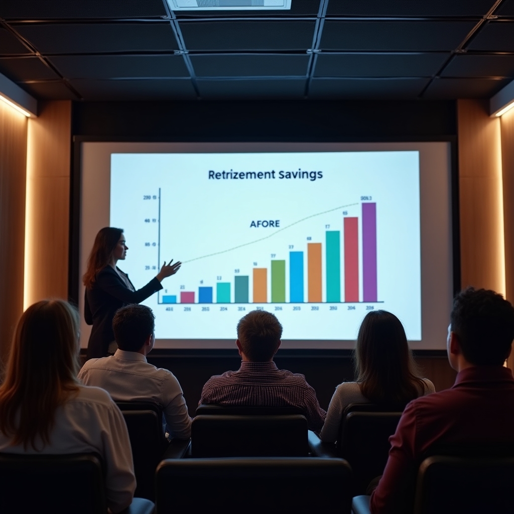 Financial educator explaining AFORE retirement account concepts with a projected diagram in a corporate meeting room