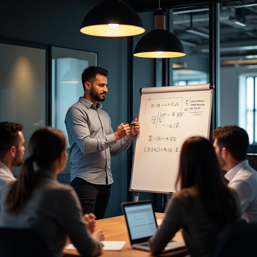 Close-up of a facilitator explaining credit card interest concepts on a whiteboard to a small group of employees