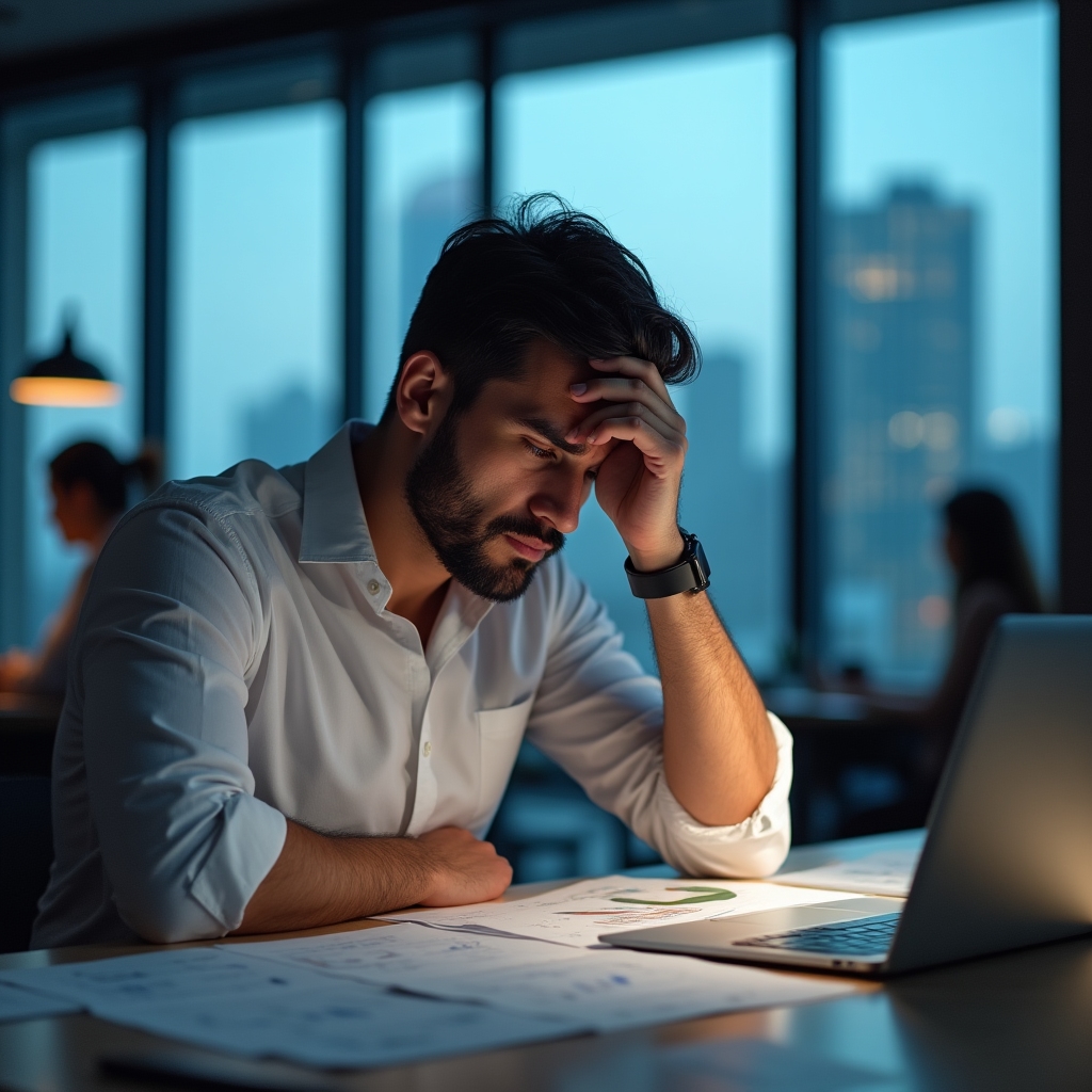 Employee looking concerned at paperwork, representing financial stress at work