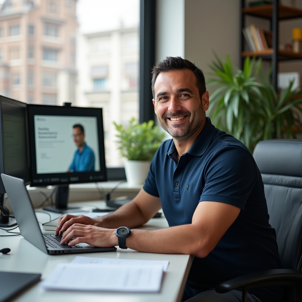Male educator conducting a virtual financial education session on a laptop in a modern office