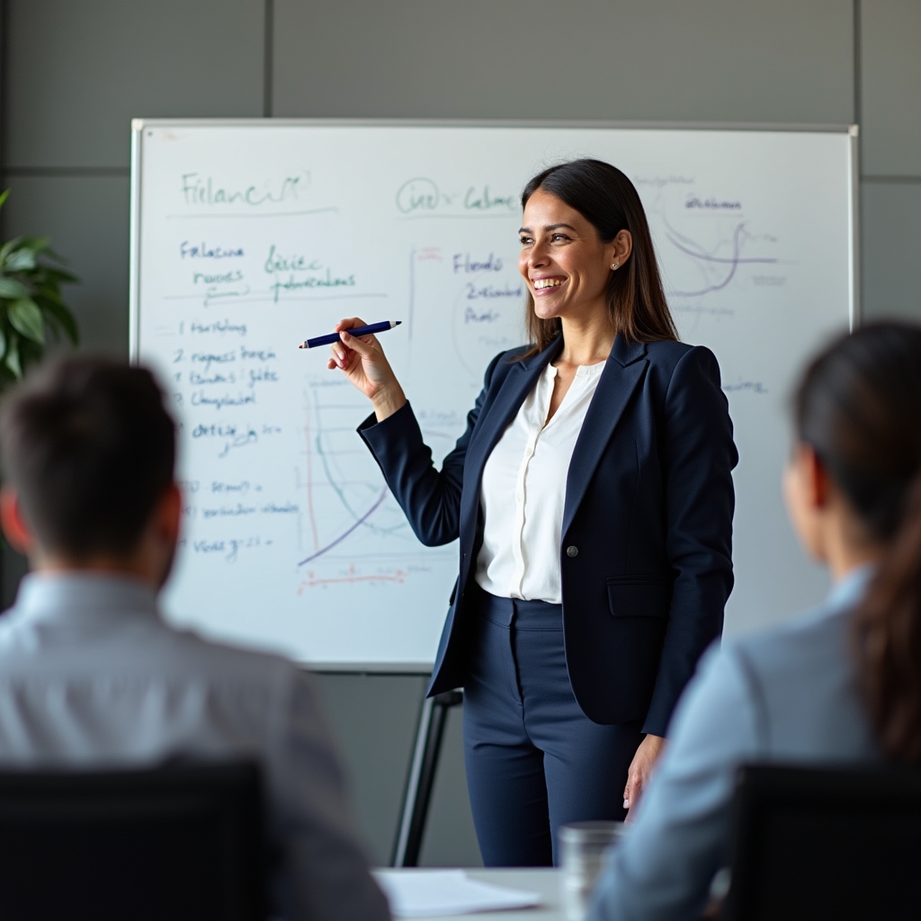 Female financial educator presenting to a group in a corporate training room