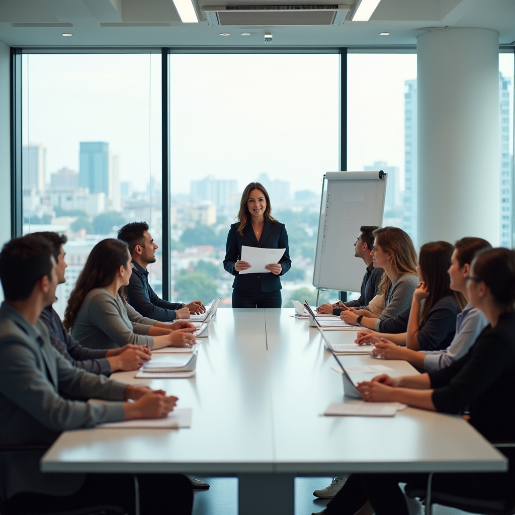 Group of employees listening to a presentation about Infonavit housing fund benefits in a bright conference room