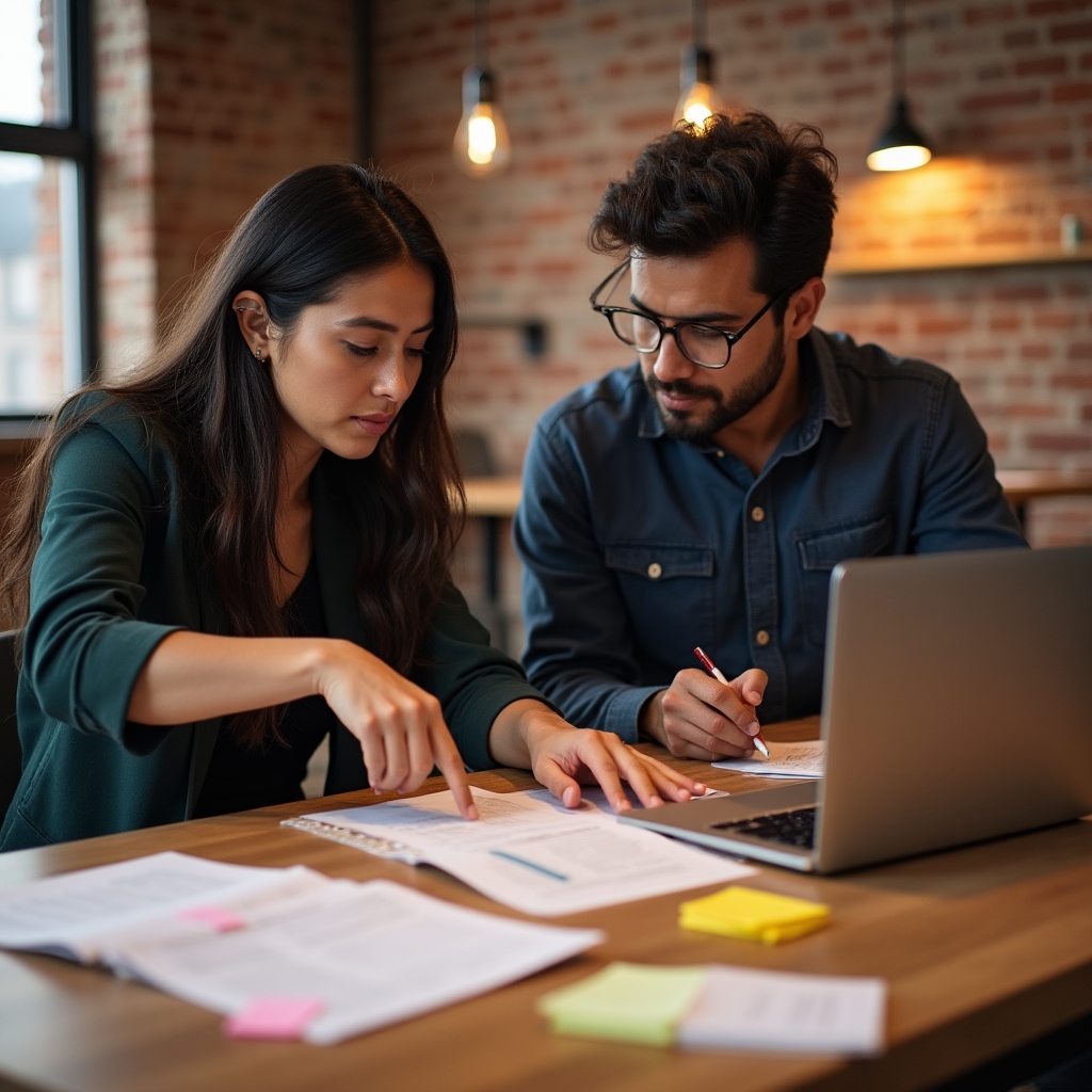 Two team members reviewing workshop materials and planning session structure at a desk with notes and a laptop