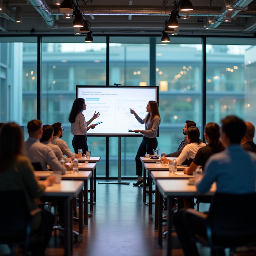 Group financial education workshop with employees in a modern office setting